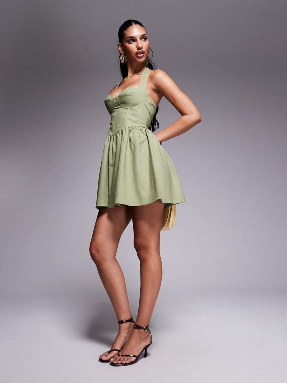 Princess Polly Lyle halter neck corset detail mini skater dress in olive Size 12